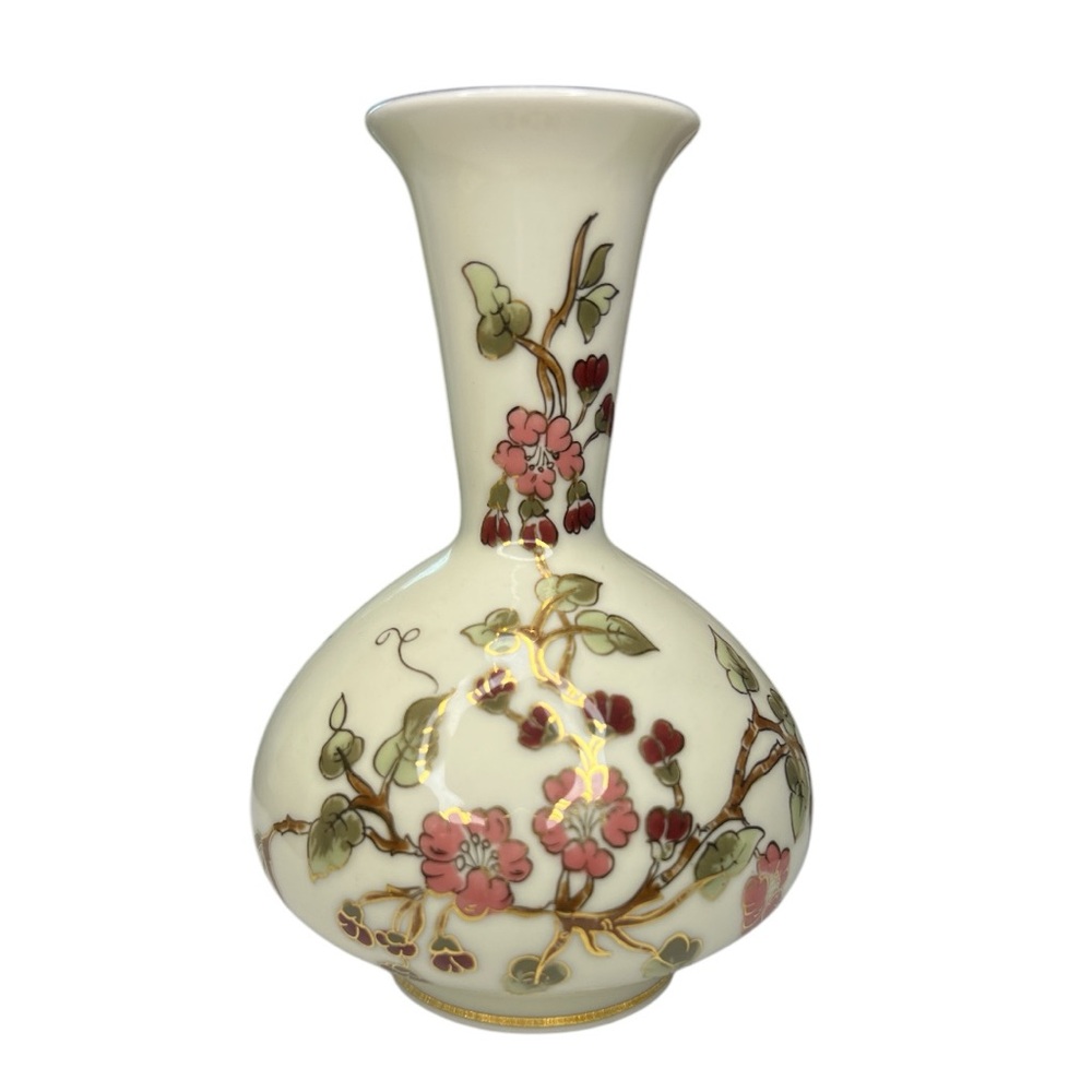 Zsolany-Hungary Floral Bulb Bud Vase Gold Trim 6 Inch Porcelain Hand-Painted
